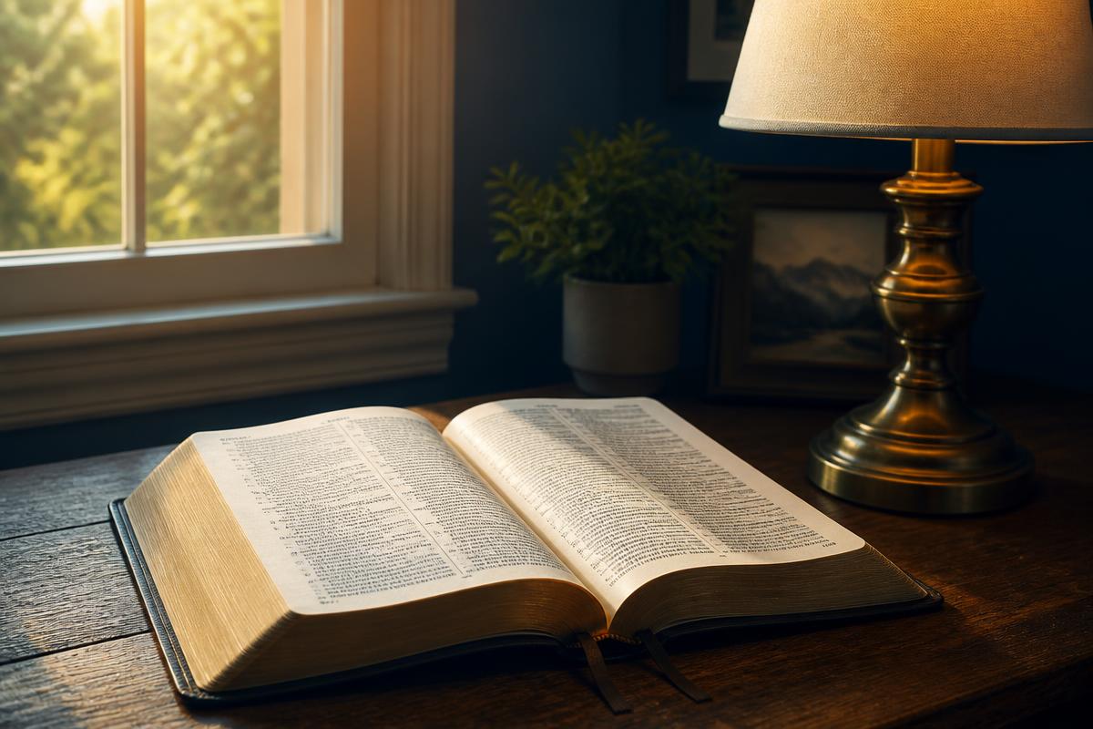 An open Bible on a table